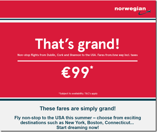 Norwegian 99EUR July fares Ireland-PVD