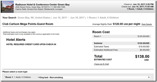 Club Carlson 10K rate Green Bay