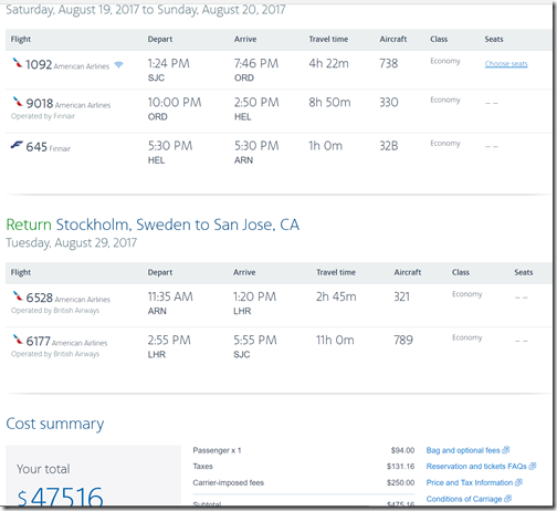 SJC-ARN $475 AA Aug19-29