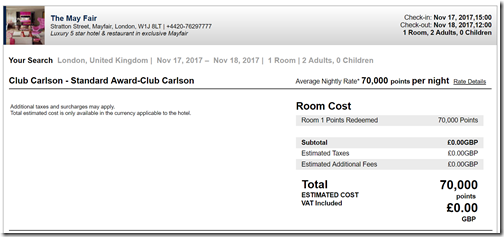 Club Carlson May Fair Nov 17 standard reward