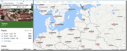 Google Flights SFO-Tallinn $404 AY