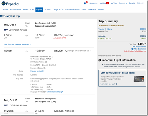 LAX-WAW $500 LOT Oct3-10