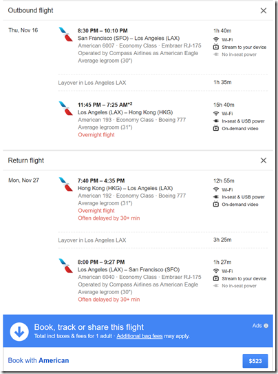 SFO-HKG $523 AA Nov15-27