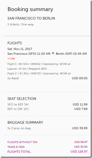 SFO-SXF $129 WOW bag seats