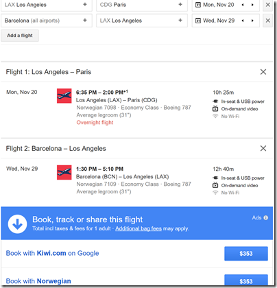 LAX-CDG-BCN $353 DY Nov20-29