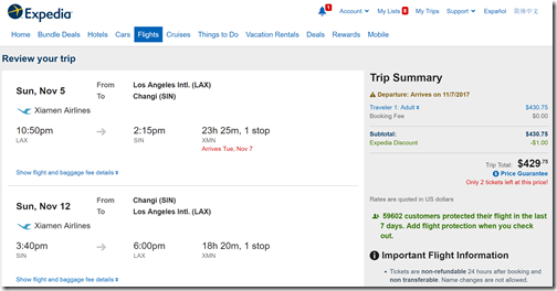 LAX-SIN $430 Xiamen Nov5-12