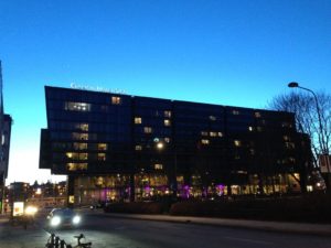 a building with many windows at night