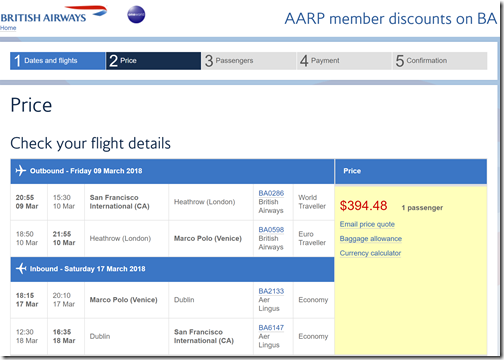 SFO-VCE $395 BA-AARP Mar9-17