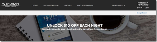 Wyndham Rewards $10 off app booking