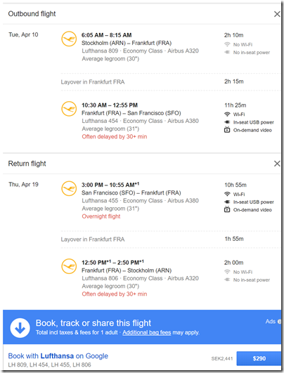 ARN-SFO $290 LH Apr10-19