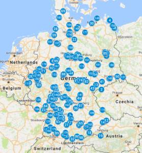 a map with blue circles and numbers