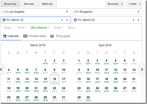 Google Flights LAX-SIN calendar