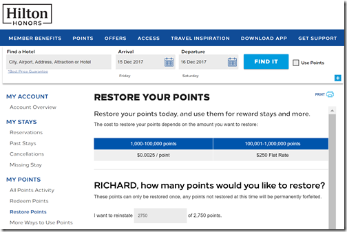 Hilton Honors restore points