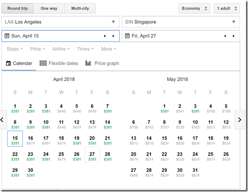 LAX-SIN $381 Google fare calendar Apr18