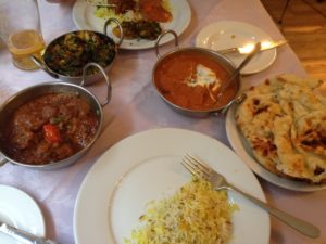 a table with plates of food