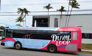 a pink and blue bus