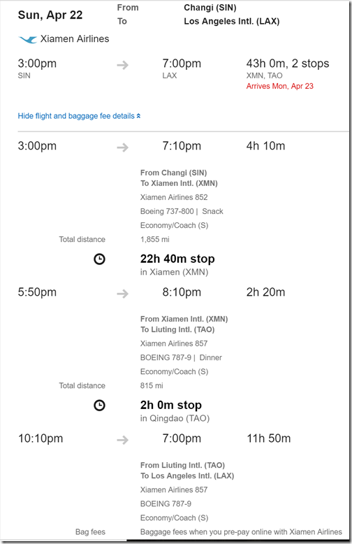 LAX-SIN $478 Xiamen-2 Apr13-22