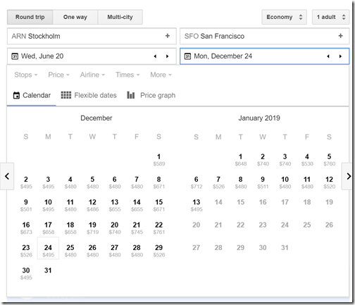 Google Flights calendar Dec2018