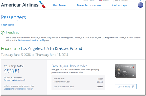 LAX-KRK AA $534 price