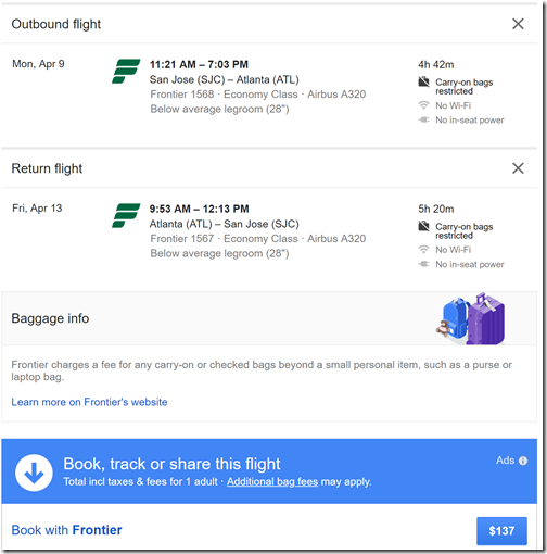 SJC-ATL $137 F9 Apr9-13