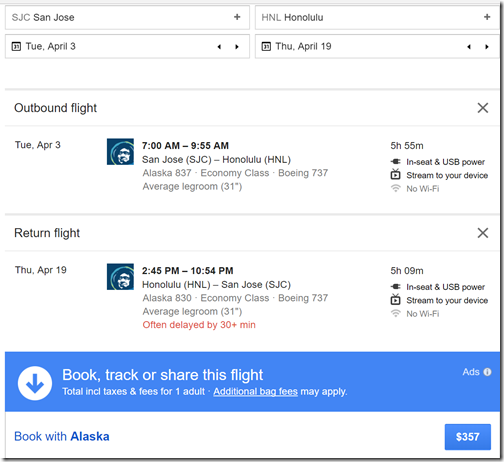 SJC-HNL $357 AS Apr3-19