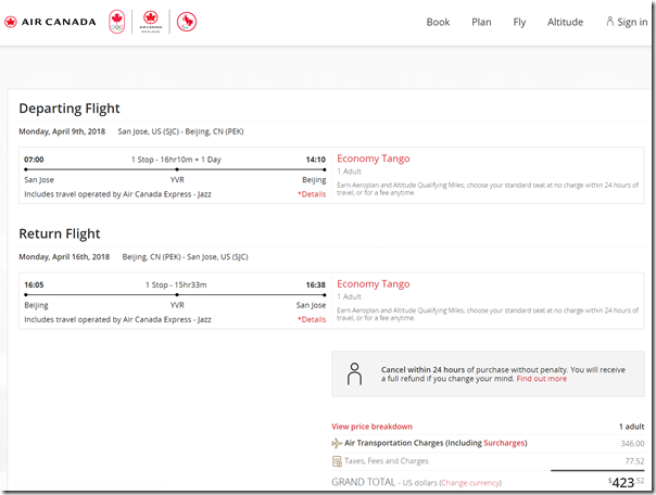 SJC-PEK $424 AC Apr9-16