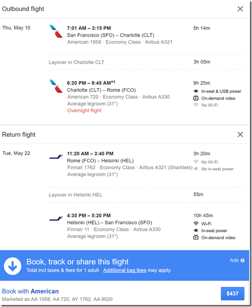 sfo-fco $436 AA May10-22