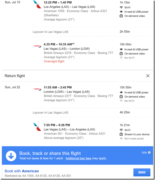 LAX-LGW $600 AA Jul15-22