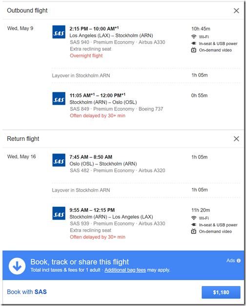 LAX-OSL $1180 SK-PE May9-16