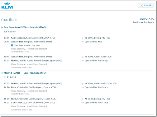 SFO-MAD $537 KL Jul1-13