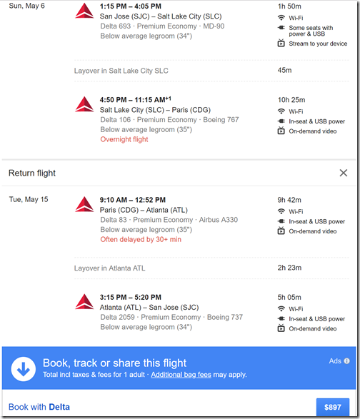 SJC-CDG $897 DL-PE May6-15