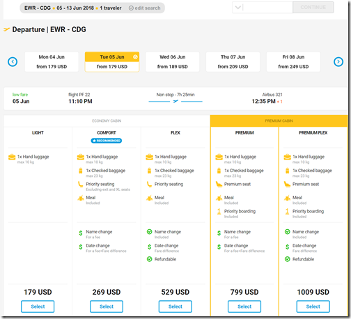 Primera Air EWR-CDG LCC pricing