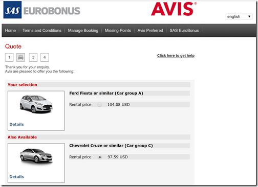 SAS Avis car rental rate