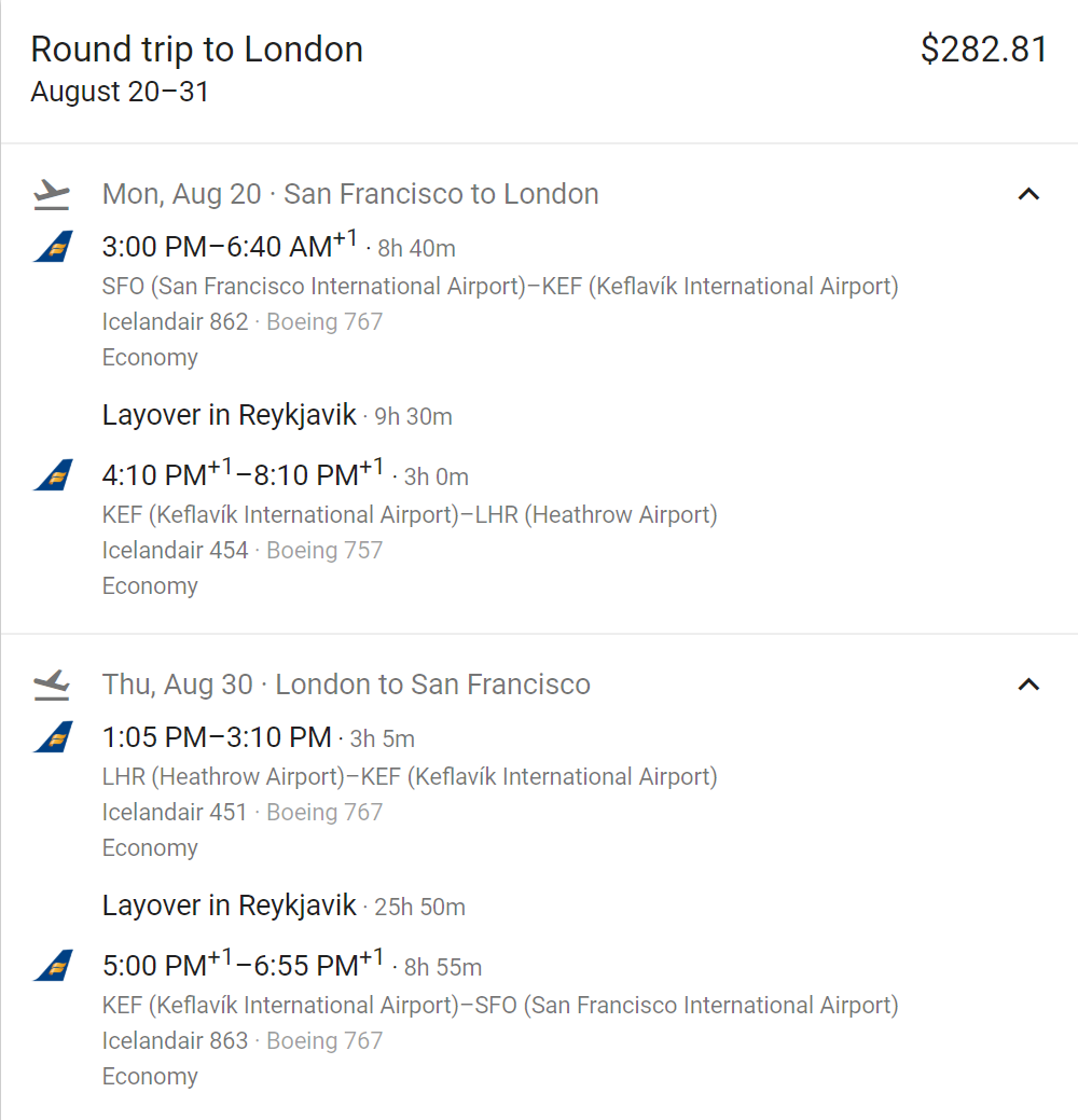 a screenshot of a travel schedule