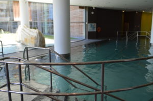 a swimming pool inside a building