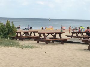 picnic tables on a beach