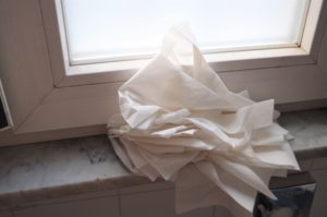a white paper towel on a window sill