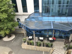 a glass roof over a building