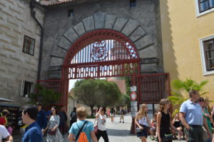 a group of people walking through a gate