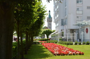 a lawn with flowers and trees in front of a building