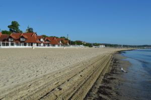 a beach with houses and water