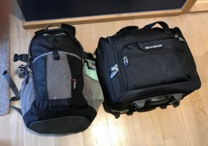 two black luggage on a wood floor