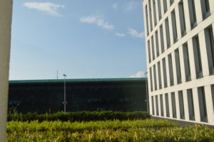 a building with grass and a building in the background