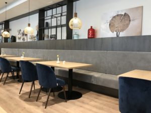 a table and chairs in a restaurant