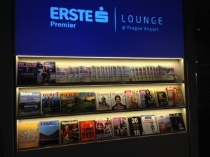 a display of magazines on a shelf