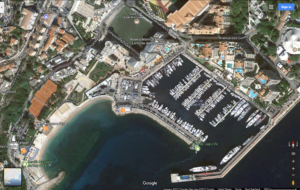 aerial view of a city and a marina
