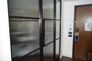 a door with glass panels
