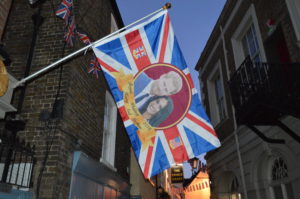 a flag with a picture of a man and woman