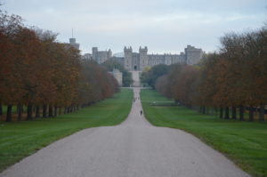 a long straight road with trees and a castle in the background