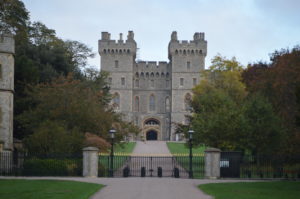 a castle with trees and a gate